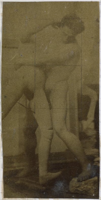 Studie van een mannelijk naaktmodel, staand en worstelend met ledenpop, mogelijk voorstudie voor het schilderij De worstelaars door Jacques Lalaing (attributed to)