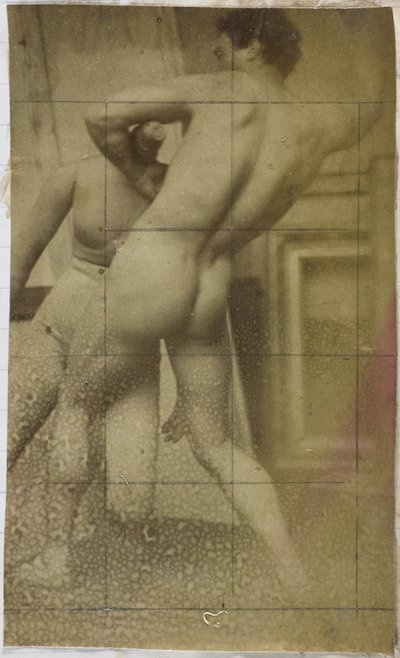 Studie van een mannelijk naaktmodel, staand, op de rug gezien en worstelend met ledenpop, mogelijk voorstudie voor het schilderij De worstelaars door Jacques Lalaing (attributed to)