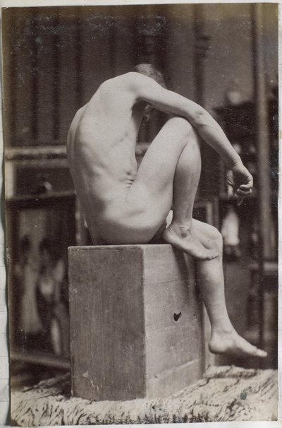 Studie van een mannelijk naaktmodel, zittend en van opzij gezien, in het atelier van Jacques de Lalaing door Jacques Lalaing (attributed to)
