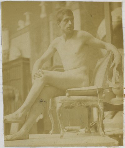 Studie van een mannelijk naaktmodel, zittend op een fauteuil en op de rug gezien door Jacques Lalaing (attributed to)