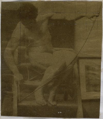 Studie van een mannelijk naaktmodel, zittend op een trapje, van voren gezien met touw en boog op schoot door Jacques Lalaing (attributed to)