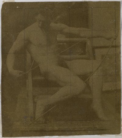 Studie van een mannelijk naaktmodel, zittend op een trapje, van voren gezien met touw en boog op schoot door Jacques Lalaing (attributed to)