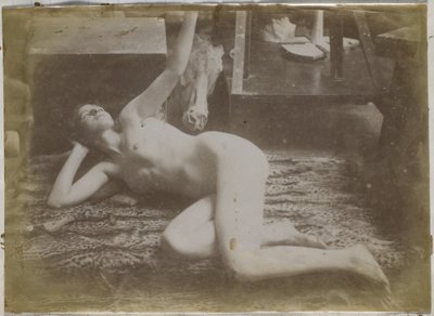 Studie van een vrouwelijk naaktmodel, liggend op een tijgervel door Jacques Lalaing (attributed to)