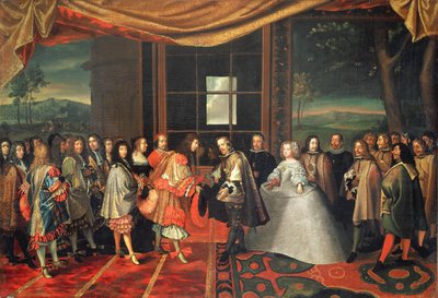 Ontmoeting tussen Lodewijk XIV en Filips IV op het Eiland van de Fazanten, 7 november 1659 door Jacques Laumosnier