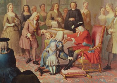 Filips V van Spanje geeft het Gulden Vlies aan de Maarschalk van Tesse als Franse ambassadeur in Spanje in 1724 door Jacques Laumosnier