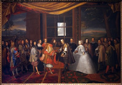 Dertigjarige Oorlog: Ontmoeting van de koning van Frankrijk Lodewijk XIV en Filips IV van Spanje op het eiland van de Paisans op 7/11/1659 door Jacques Laumosnier
