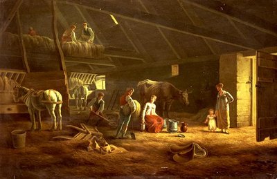 Een melkmeid, boerenknechten en ploegpaarden in een schuur door Jacques Laurent (circle of) Agasse