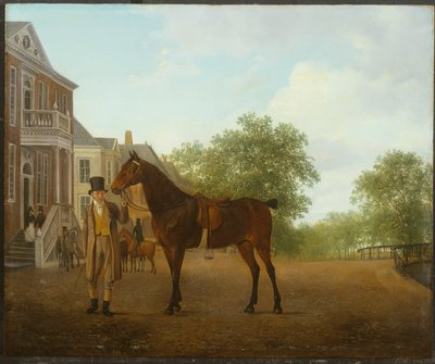 Een Heer die een Gezadeld Paard vasthoudt in een Straat bij een Kanaal door Jacques Laurent Agasse