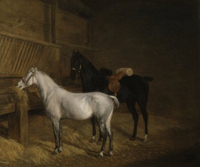 Een grijze pony en een zwarte charger in een stal door Jacques Laurent Agasse