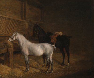 Een grijze pony en een zwarte charger in een stal door Jacques Laurent Agasse