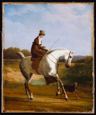 Miss Cazenove op een Grijze Jager, een Hond die Meeloopt door Jacques Laurent Agasse