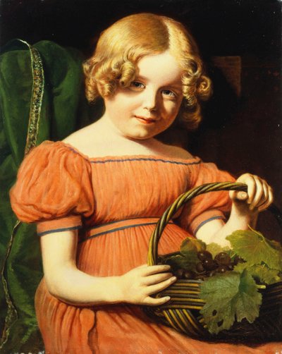 Portret van Louisa Booth, zittend half lengte, in een Koraalroze Jurk met een Blauwe Bies, een Mandje Druiven Vasthoudend door Jacques Laurent Agasse