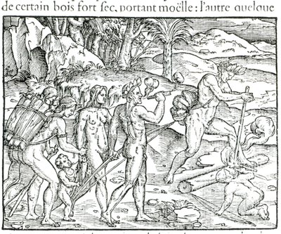 Inheemse Indianen die Vuur Maken na de Jacht, gegraveerd door Theodor de Bry (1525-75) door Jacques Le Moyne