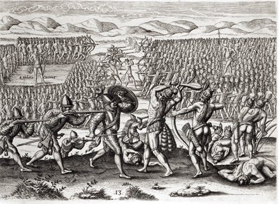Outina verslaat Patanou met de hulp van de Fransen, Florida, 1564, uit 