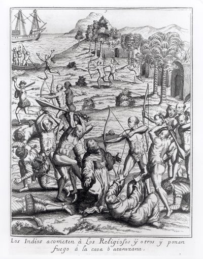 De Indianen vallen de priesters en anderen aan en steken hun huizen in brand, gravure uit 