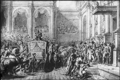 Terug van de wijding, Napoleon arriveert bij het Hotel de Ville, Parijs, 1805 door Jacques Louis David