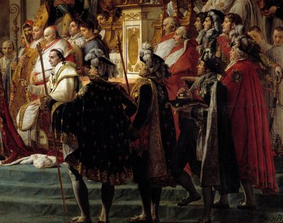 Het Ritueel van Napoleon. Detail met op de voorgrond paus Pius VII tijdens de kroning van keizer Napoleon I Bonaparte en keizerin Josephine in de Notre-Dame van Parijs op 2 december door Jacques Louis David