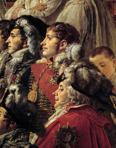 De Rite van Napoleon. Detail met Auguste Jean-Gabriel de Caulaincourt, Eugène Rose de Beauharnais en Charles Maurice de Talleyrand tijdens de kroning van Keizer Napoleon door Jacques Louis David