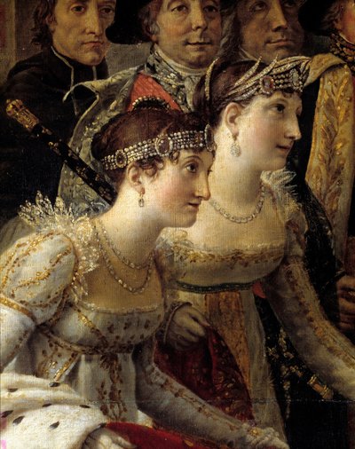 Het Ritueel van Napoleon. Detail met Madame de la Rochefoucault en Madame Lavalette tijdens de kroning van keizer Napoleon I Bonaparte en keizerin Josephine in de Notre-Dame van Parijs op 2 december door Jacques Louis David