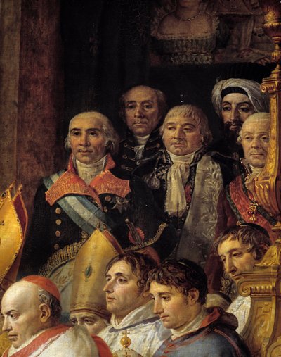 De Rite van Napoleon. Detail (detail) die de ambassadeurs voorstelt (Admiraal de Gravina (ambassadeur van Spanje, overleden 1805), Generaal Armstrong (ambassadeur van de Verenigde Staten), Monsieur de Marescalchi (minister van de Italiaanse rep.), Mohamed  door Jacques Louis David