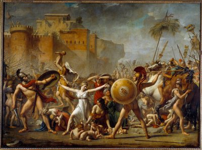 De Sabijnen die tussen hun Romeinse echtgenoten (rechts) en hun Sabijnse broers (links) komen en hun kinderen tonen. door Jacques Louis David
