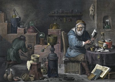 De alchemist (gravure) door Jacques Louis Perée