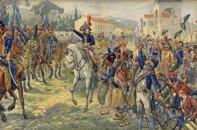 Napoleon Bonaparte bij zijn aankomst in de bezette stad Nice door Jacques Marie Gaston Onfray de Breville (Job)