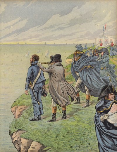 Napoleon Bonaparte inspecteert zijn vloot terwijl ze vertrekken uit Boulogne door Jacques Marie Gaston Onfray de Breville (Job)