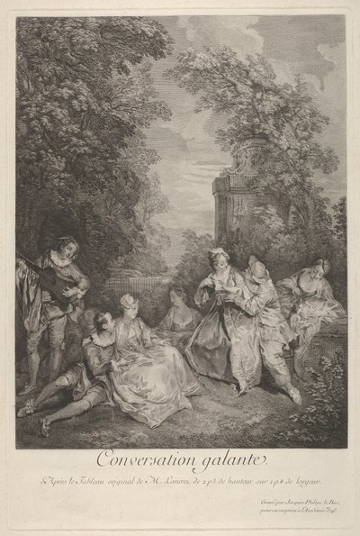Galante conversatie: koppels in gesprek in een tuin, 1743 door Jacques Philippe Le Bas