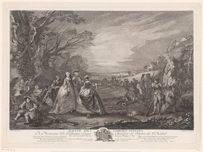 Landschap met vier figuren een bezoek brengend aan een legerkamp door Jacques Philippe Le Bas