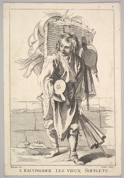 Omgekeerde kopie van A Racomoder les Vieux Souflets Mend the Old Bellows, uit Le Cri..., 18e eeuw door Jacques Philippe Le Bas