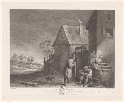 Twee mannen en een vrouw voor de put bij een boerderij door Jacques Philippe Le Bas