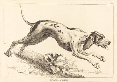 Rennende hond door Jacques Philippe Le Bas and Jean Eric Rehn after Jean Baptiste Oudry