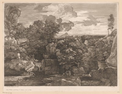 Rivierlandschap met cascades en enkele monniken door Jacques Prou