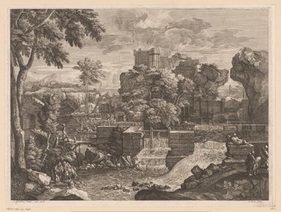 Rivierlandschap met de Heilige Familie op de vlucht naar Egypte door Jacques Prou