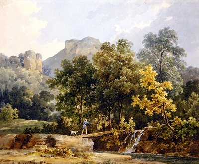 Jager steekt een brug over een rivier over door Jacques Raymond Brascassat