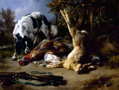 Spaniël met een Stilleven van Dood Wild door Jacques Raymond Brascassat