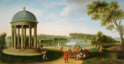 Het theater van de koningin vanuit de Rotunda, Stowe House, Bucks, met Lord Cobham en Charles Bridgeman door Jacques Rigaud