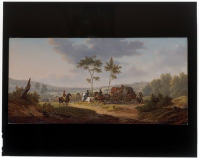 Ruiters begeleiden een wagenkolonne door Jacques Swebach Desfontaines