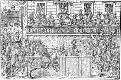 Het toernooi waar Henri II dodelijk gewond raakt, 1559 door Jacques Tortorel