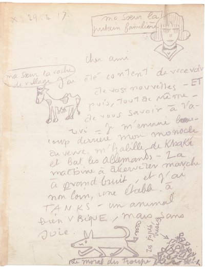Handgeschreven brief met tekeningen door Jacques Vache