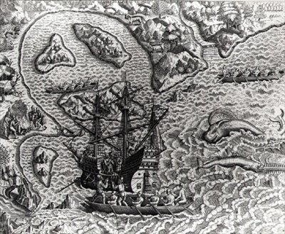 Johannes Staden Komt aan op een Onbekend Eiland en Ontdekt dat de Portugezen er al Zijn, uit Americae, Geschreven en Gegraveerd door Theodor de Bry door Jacques d.158788 after Le Moyne