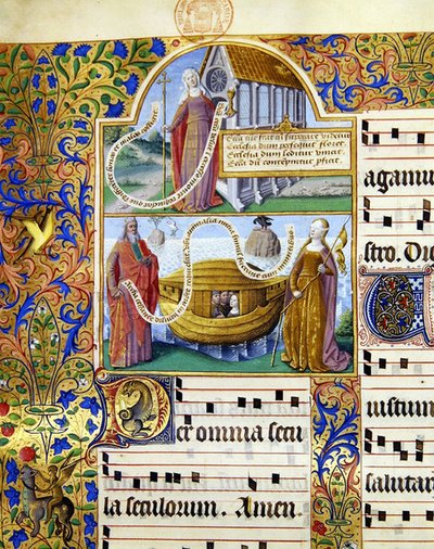 Miniaturen die een allegorische voorstelling van de Kerk tonen en daaronder Mozes met de stenen tafelen van de Wet met de Ark van Noach en een vrouw met geblinddoekte ogen die de 
