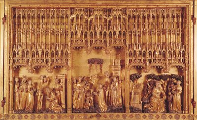 Altaarstuk van heiligen en martelaren, centraal paneel de onthoofding van St. Johannes de Doper, het martelaarschap van St. Catharina van Alexandrië en St. Barbara en de verleiding van St. Antonius, c.1391 door Jacques de Baerze or Baers