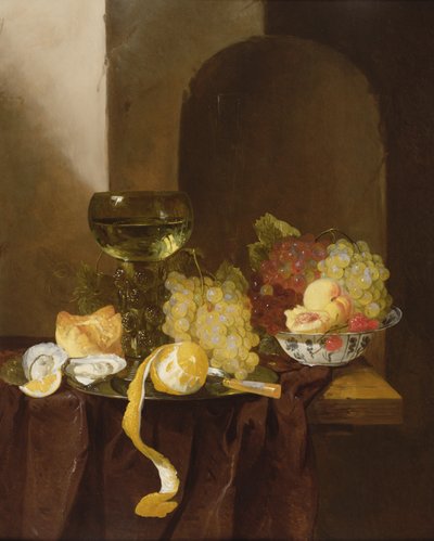 Stilleven met Fruit, een Gepelde Citroen en een Roemer op een Richel door Jacques de Claeuw
