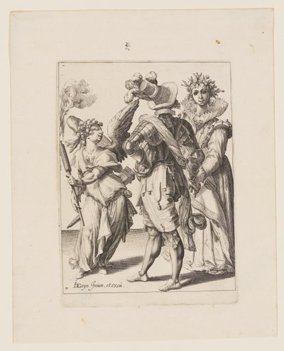 Een geblinddoekte Cupido die een fakkel voor een paar houdt, uit De maskerades door Jacques de Gheyn II