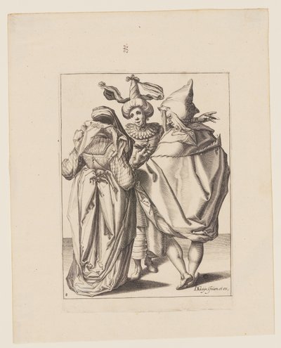 Een koppel richt zich tot een pratende jongeman, uit De maskerades door Jacques de Gheyn II