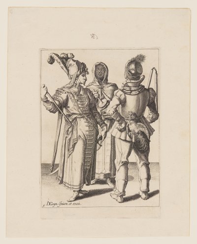 Een Grandee in Oosterse kledij, een man met een haan aan zijn riem en een gesluierde vrouw die de Rumbling-Pot bespeelt, uit De maskerades door Jacques de Gheyn II