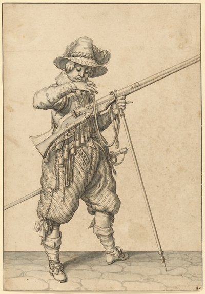 Een soldaat op wacht die de wedstrijd blaast door Jacques de Gheyn II