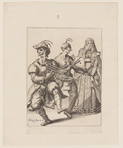 Een gesluierde vrouw met twee muzikanten die een rooster en een blaasbalg bespelen, uit De maskerades door Jacques de Gheyn II